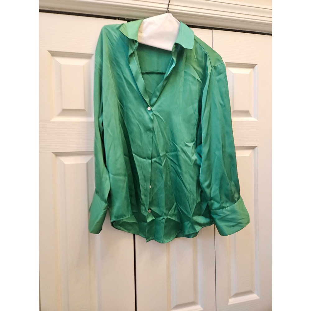 Zara Green Satin Effect Button Down Shirt Long Sleeve Blouse Emerald XS